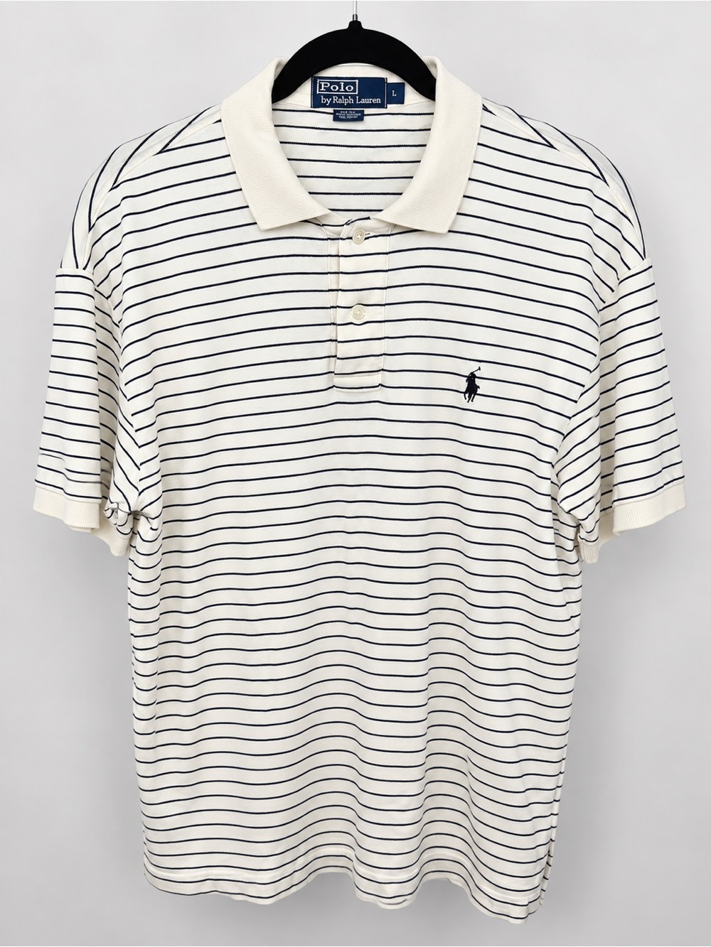 Vintage Polo Ralph Lauren Men’s Large Striped Polo Shirt 100% Cotton Cream Navy